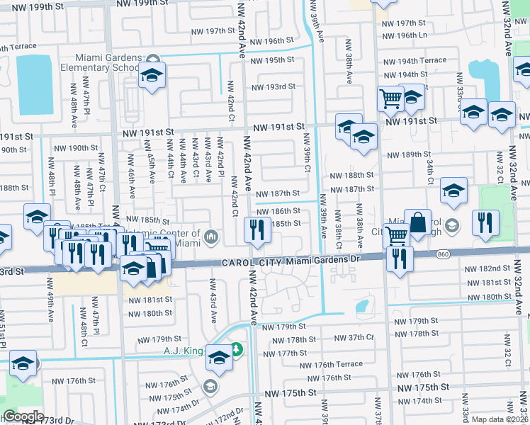 map of restaurants, bars, coffee shops, grocery stores, and more near 4020 Northwest 186th Street in Miami Gardens