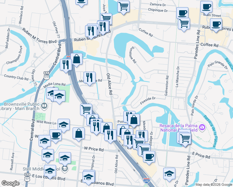 map of restaurants, bars, coffee shops, grocery stores, and more near 3005 San Miguel Circle in Brownsville