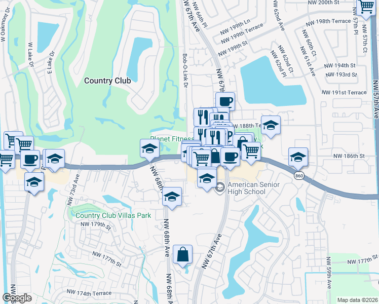map of restaurants, bars, coffee shops, grocery stores, and more near 6784 Northwest 186th Terrace in Hialeah