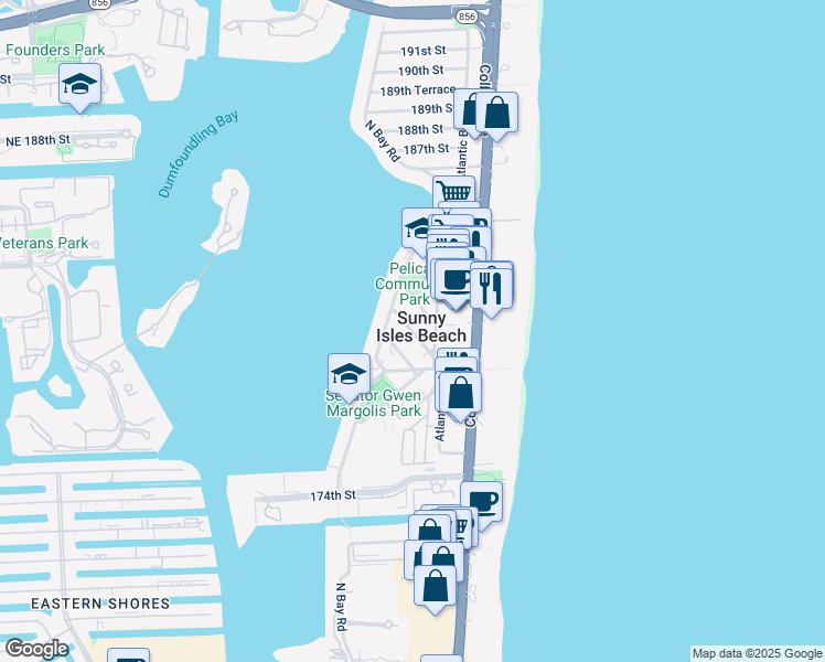 map of restaurants, bars, coffee shops, grocery stores, and more near in Sunny Isles Beach