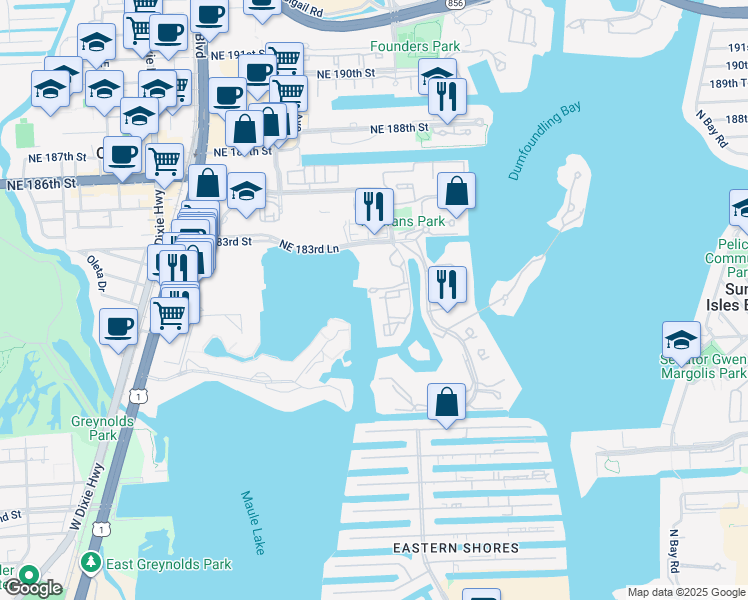 map of restaurants, bars, coffee shops, grocery stores, and more near 17970 Northeast 31st Court in Aventura