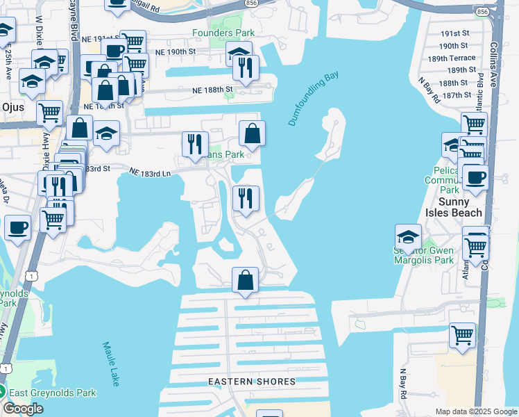 map of restaurants, bars, coffee shops, grocery stores, and more near 6000 East Island Boulevard in Aventura