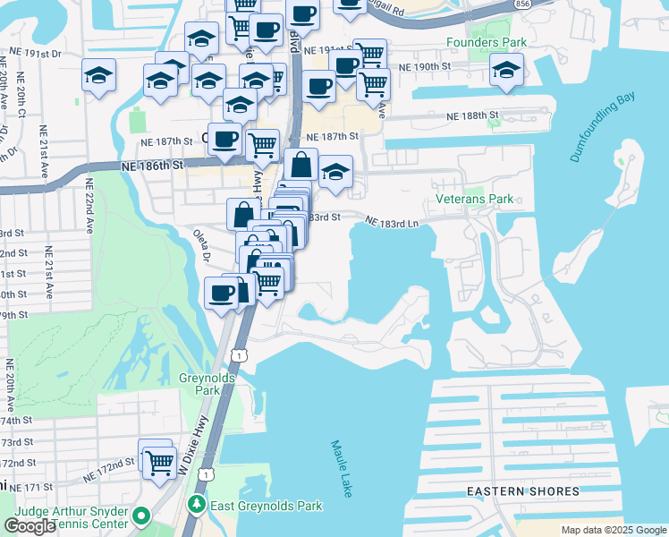 map of restaurants, bars, coffee shops, grocery stores, and more near 18061 Biscayne Boulevard in Aventura