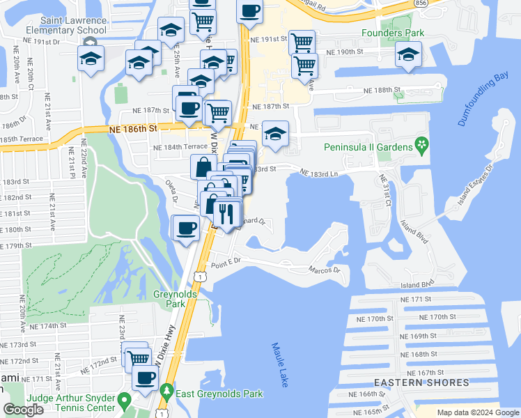 map of restaurants, bars, coffee shops, grocery stores, and more near 18071 Biscayne Boulevard in Aventura