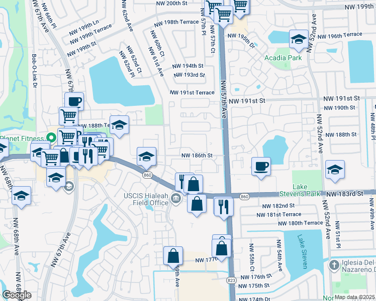 map of restaurants, bars, coffee shops, grocery stores, and more near 6090 Northwest 186th Street in Hialeah