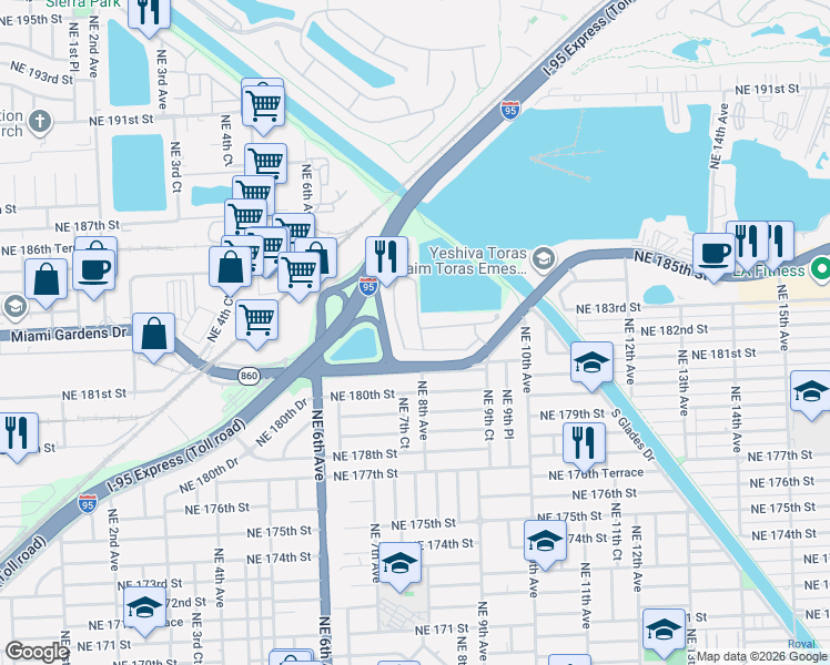 map of restaurants, bars, coffee shops, grocery stores, and more near 18221 Northeast 7th Court in North Miami Beach