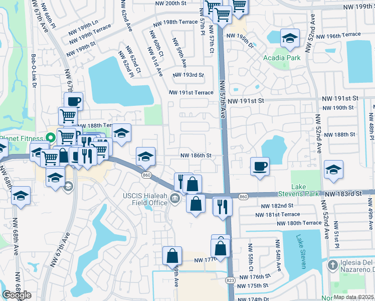 map of restaurants, bars, coffee shops, grocery stores, and more near 6090 Northwest 186th Street in Hialeah
