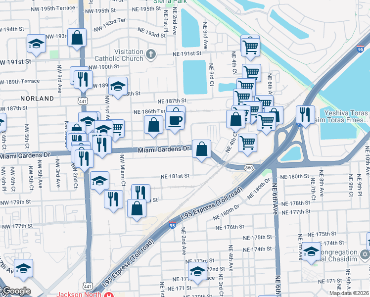map of restaurants, bars, coffee shops, grocery stores, and more near 246 Northeast 183rd Street in Miami