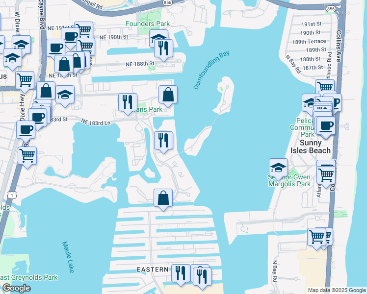map of restaurants, bars, coffee shops, grocery stores, and more near 3911 Island Estates Drive in Miami