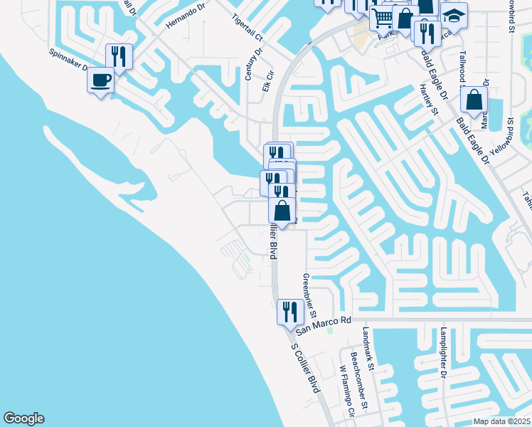 map of restaurants, bars, coffee shops, grocery stores, and more near 240 North Collier Boulevard in Marco Island