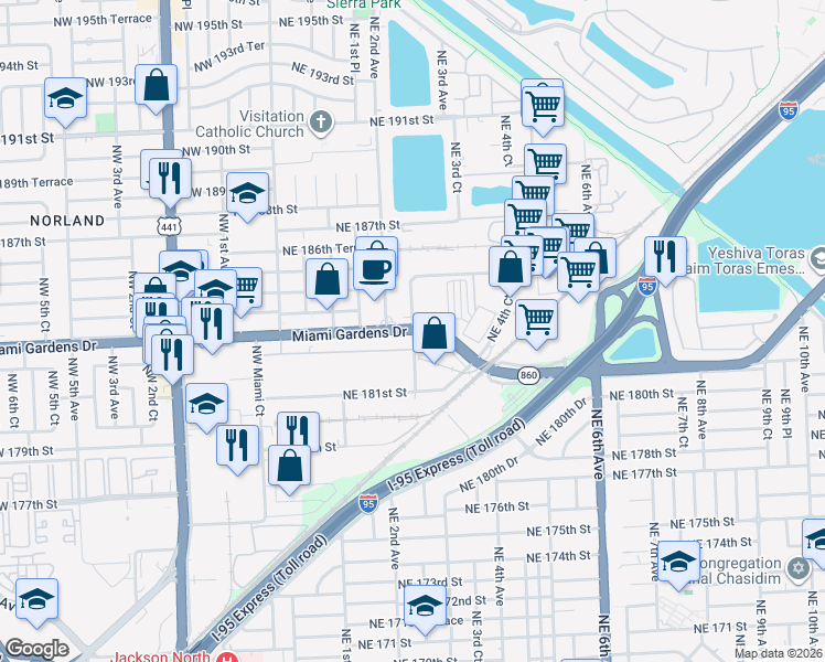 map of restaurants, bars, coffee shops, grocery stores, and more near 246 Northeast 183rd Street in Miami