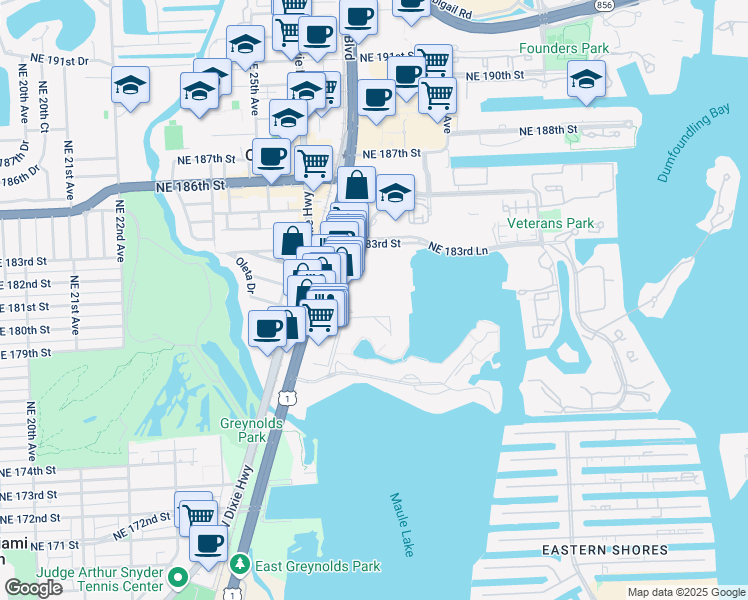map of restaurants, bars, coffee shops, grocery stores, and more near 18021 Biscayne Boulevard in Aventura