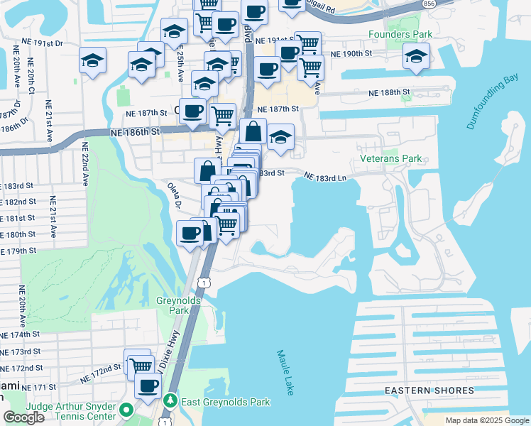 map of restaurants, bars, coffee shops, grocery stores, and more near 18081 Biscayne Boulevard in North Miami Beach