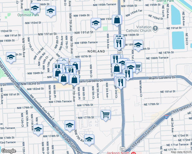 map of restaurants, bars, coffee shops, grocery stores, and more near in Miami Gardens