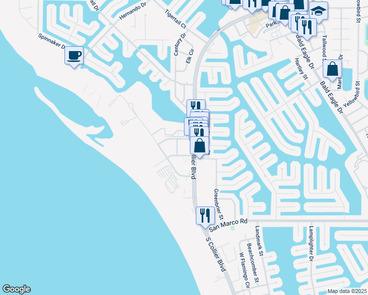 map of restaurants, bars, coffee shops, grocery stores, and more near 240 North Collier Boulevard in Marco Island