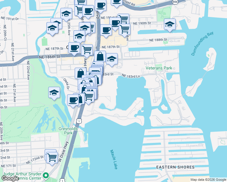 map of restaurants, bars, coffee shops, grocery stores, and more near 18061 Biscayne Boulevard in Aventura