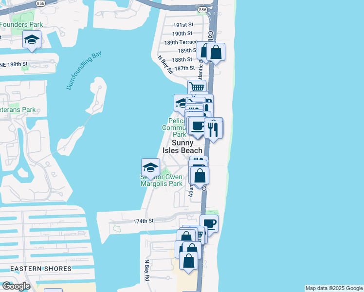 map of restaurants, bars, coffee shops, grocery stores, and more near in Sunny Isles Beach