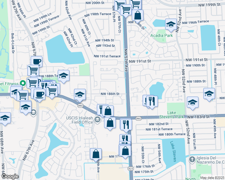 map of restaurants, bars, coffee shops, grocery stores, and more near 5900 Northwest 186th Street in Hialeah
