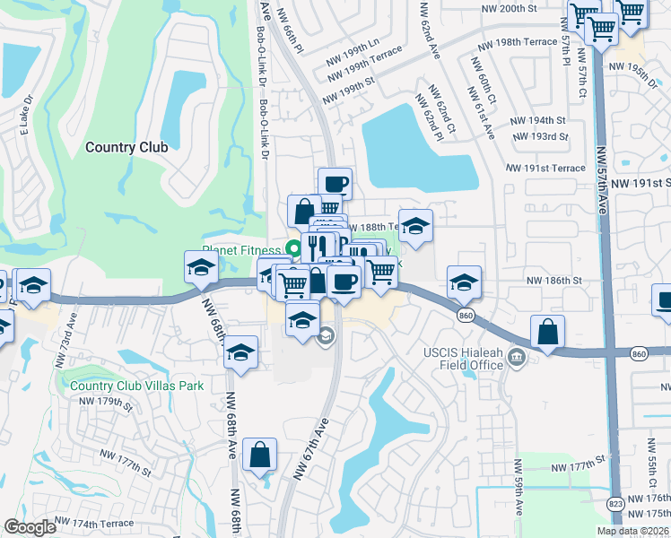 map of restaurants, bars, coffee shops, grocery stores, and more near 18600 Northwest 67th Avenue in Hialeah