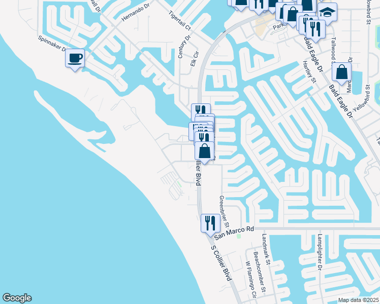 map of restaurants, bars, coffee shops, grocery stores, and more near 240 North Collier Boulevard in Marco Island