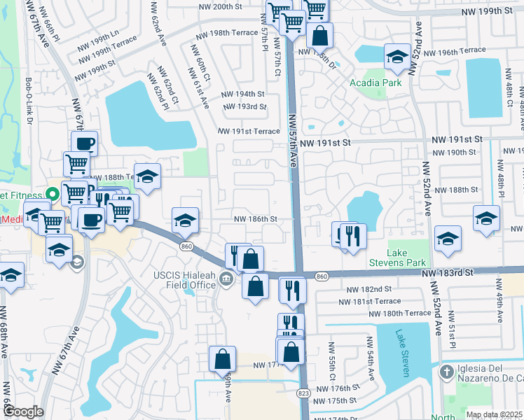map of restaurants, bars, coffee shops, grocery stores, and more near 5900 Northwest 186th Street in Hialeah