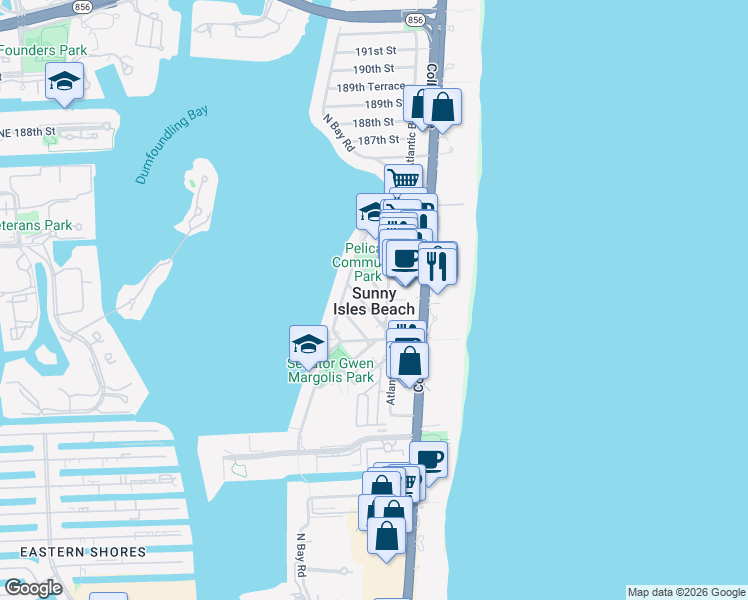 map of restaurants, bars, coffee shops, grocery stores, and more near 250 181ST Drive in Sunny Isles Beach