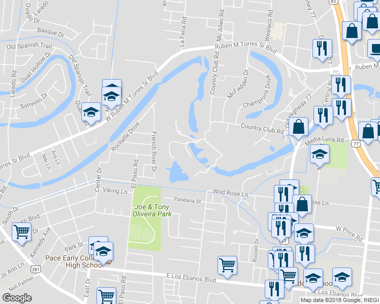 map of restaurants, bars, coffee shops, grocery stores, and more near 72 Wild Olive Lane in Brownsville