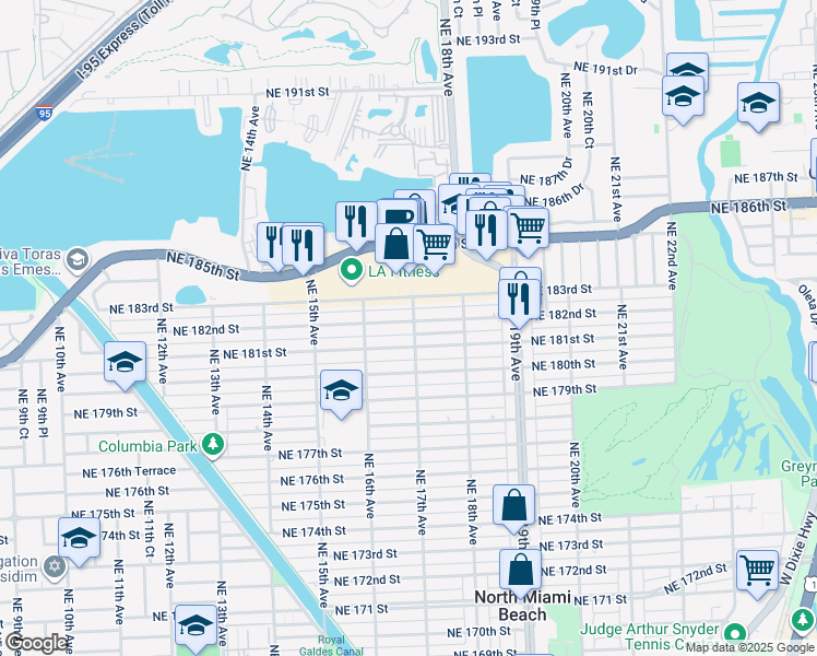 map of restaurants, bars, coffee shops, grocery stores, and more near 1671 Northeast 181st Street in North Miami Beach