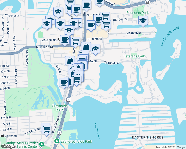 map of restaurants, bars, coffee shops, grocery stores, and more near 18061 Biscayne Boulevard in Aventura
