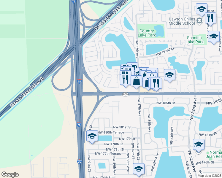 map of restaurants, bars, coffee shops, grocery stores, and more near 8866 Northwest 187th Street in Hialeah