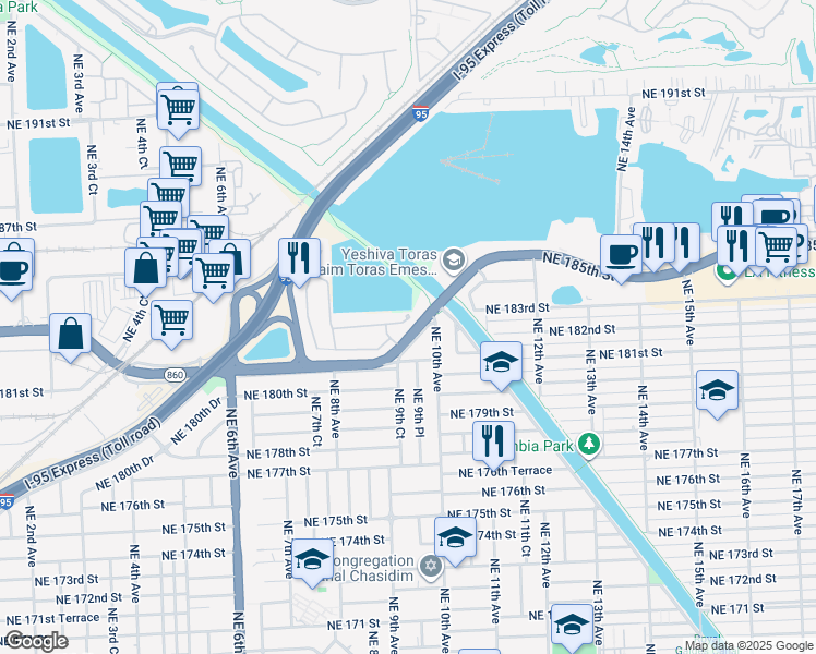 map of restaurants, bars, coffee shops, grocery stores, and more near in North Miami Beach
