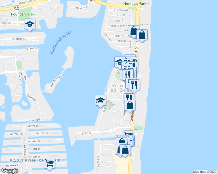 map of restaurants, bars, coffee shops, grocery stores, and more near 17878 North Bay Road in Sunny Isles Beach