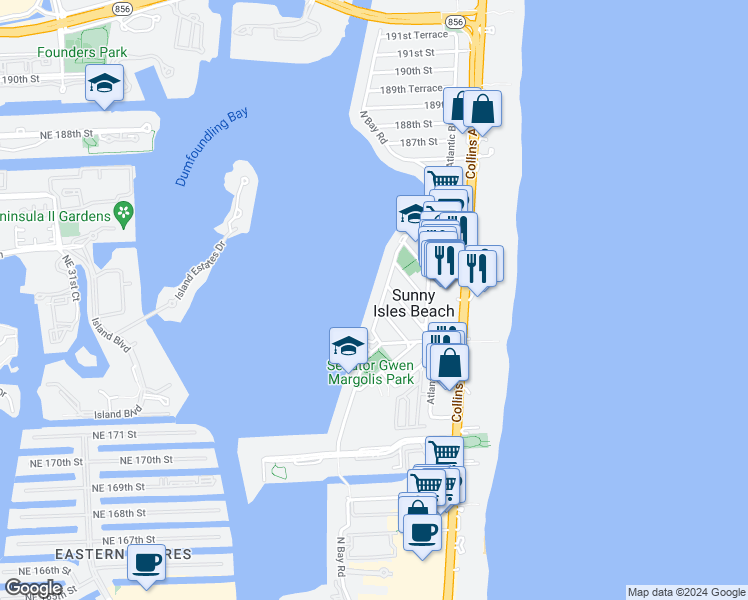 map of restaurants, bars, coffee shops, grocery stores, and more near 17878 North Bay Road in Sunny Isles Beach