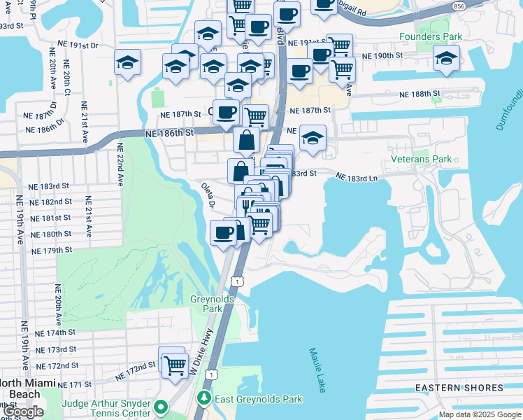 map of restaurants, bars, coffee shops, grocery stores, and more near 18101 Biscayne Boulevard in Aventura