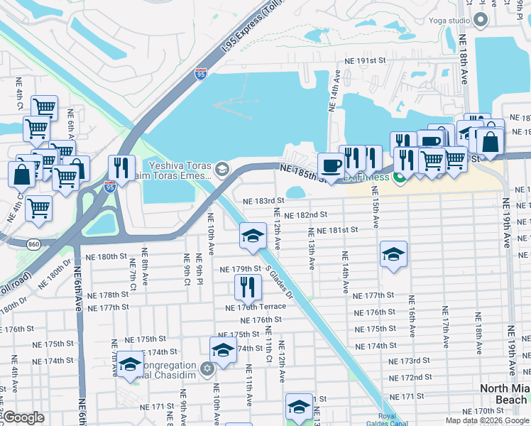map of restaurants, bars, coffee shops, grocery stores, and more near 1132 Northeast 182nd Street in North Miami Beach