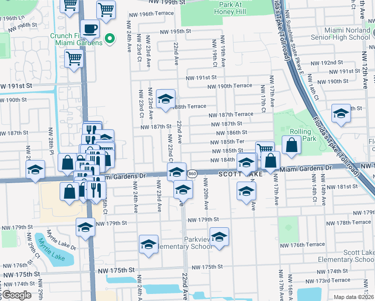 map of restaurants, bars, coffee shops, grocery stores, and more near 2038 Northwest 185th Street in Miami Gardens