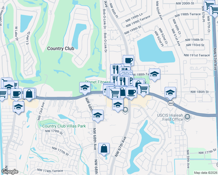 map of restaurants, bars, coffee shops, grocery stores, and more near 6784 Northwest 186th Terrace in Hialeah