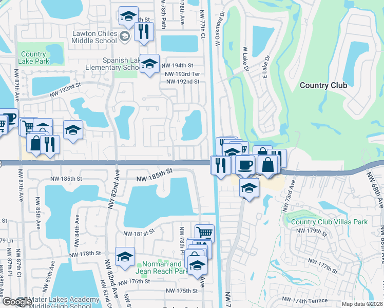 map of restaurants, bars, coffee shops, grocery stores, and more near 18640 Northwest 78th Avenue in Hialeah