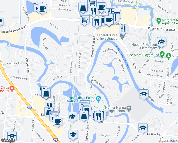 map of restaurants, bars, coffee shops, grocery stores, and more near 105 Palo Verde Drive in Brownsville