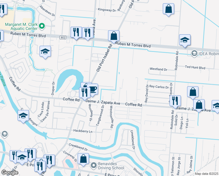 map of restaurants, bars, coffee shops, grocery stores, and more near 2001 Old Port Isabel Road in Brownsville