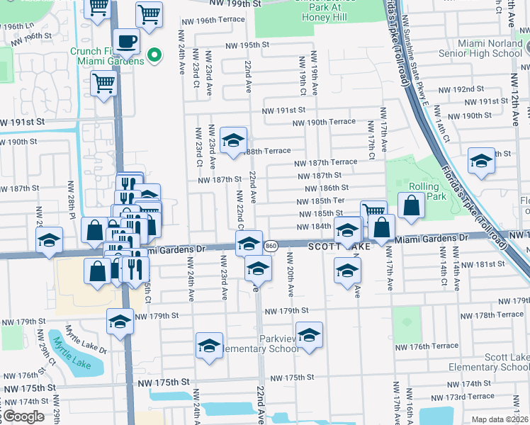 map of restaurants, bars, coffee shops, grocery stores, and more near 2038 Northwest 185th Street in Miami Gardens