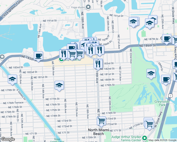 map of restaurants, bars, coffee shops, grocery stores, and more near 1801 Northeast 181st Street in North Miami Beach