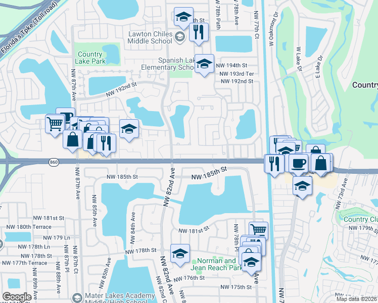 map of restaurants, bars, coffee shops, grocery stores, and more near 8020 Northwest 186th Terrace in Hialeah