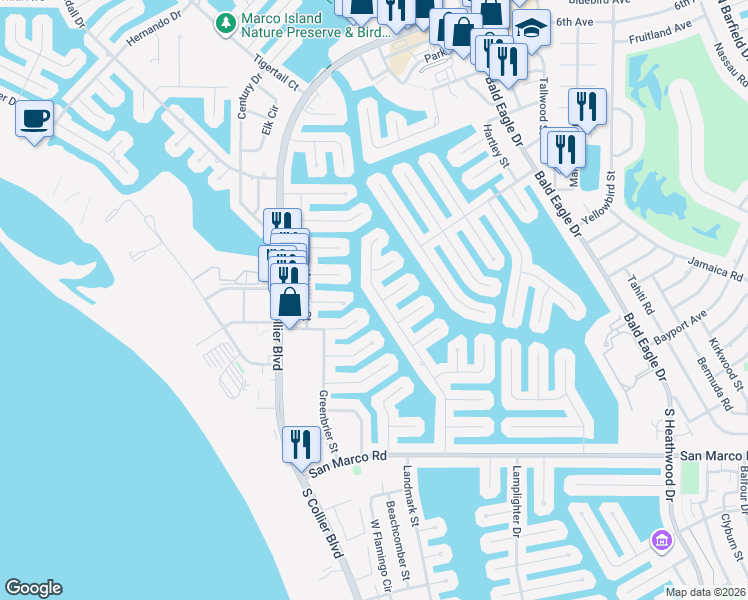 map of restaurants, bars, coffee shops, grocery stores, and more near 300 Copperfield Court in Marco Island