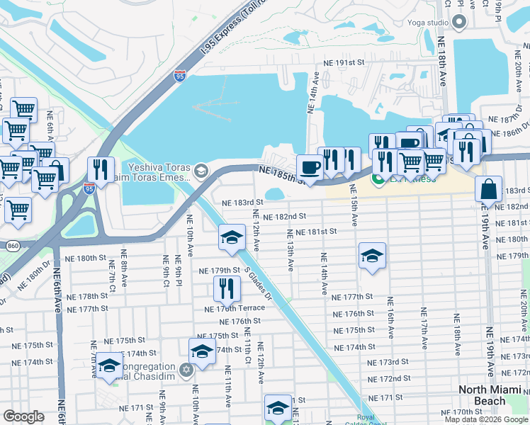 map of restaurants, bars, coffee shops, grocery stores, and more near 1200 Northeast 182nd Street in North Miami Beach
