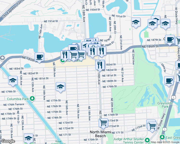 map of restaurants, bars, coffee shops, grocery stores, and more near 1801 Northeast 181st Street in North Miami Beach