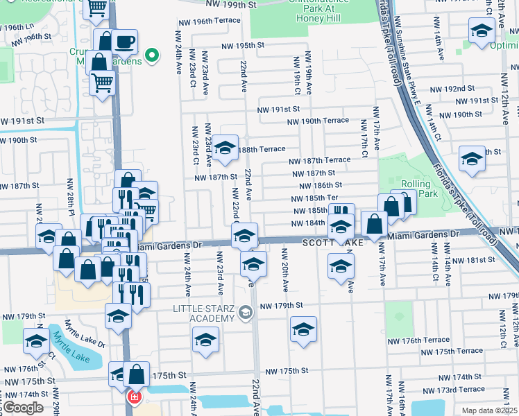 map of restaurants, bars, coffee shops, grocery stores, and more near 2038 Northwest 185th Street in Miami Gardens