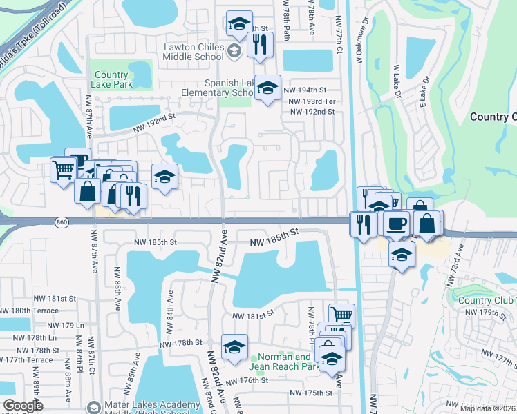 map of restaurants, bars, coffee shops, grocery stores, and more near 8020 Northwest 186th Terrace in Hialeah