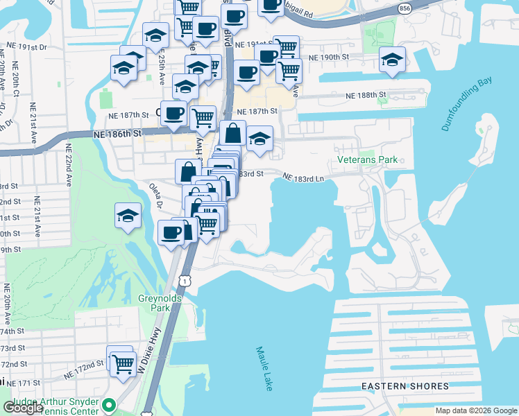map of restaurants, bars, coffee shops, grocery stores, and more near 18061 Biscayne Boulevard in Aventura