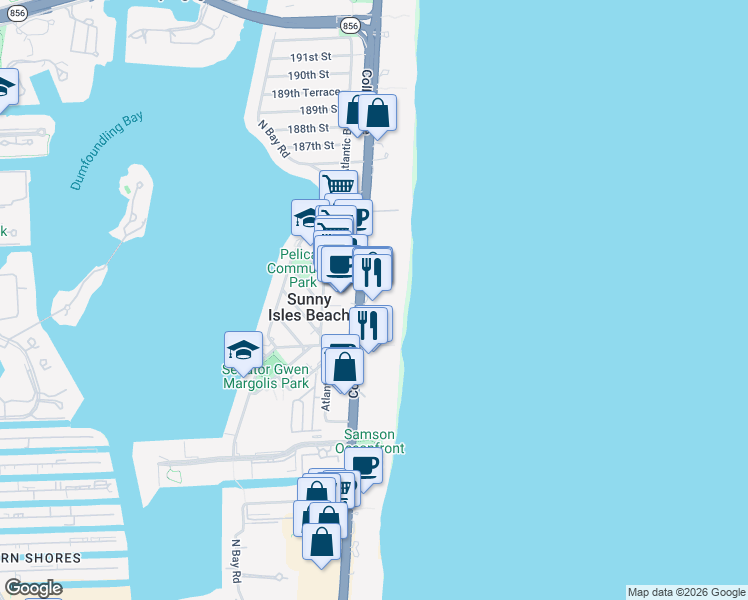 map of restaurants, bars, coffee shops, grocery stores, and more near 18001 Collins Avenue in Sunny Isles Beach